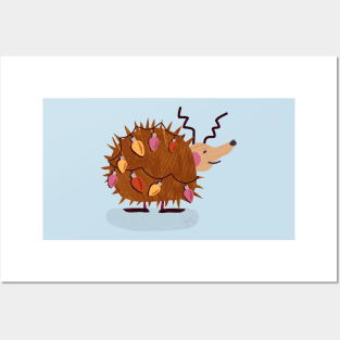 Cute winter hedgehog with christmas lights - red, yellow, pink, brown, blue Posters and Art